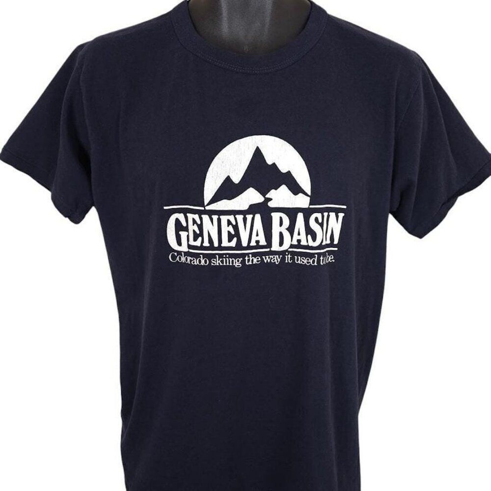 Vintage Ski Geneva Basin T Shirt Mens Size Medium Blue 80s Colorado Made In USA
